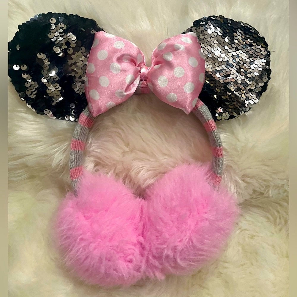 Disney Minnie Mouse Ears Bow Fur Earmuffs 🎀 Flip Reversible Sequins ✨ Girls OS